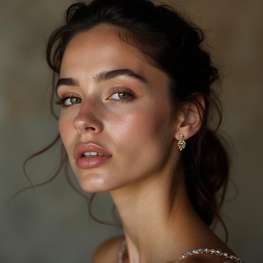 Woman posing for a portrait. Soft natural lighting highlights facial features. Warm tones enhance beauty. Elegant appearance with minimal makeup and accessories. Close-up focus on facial expression.