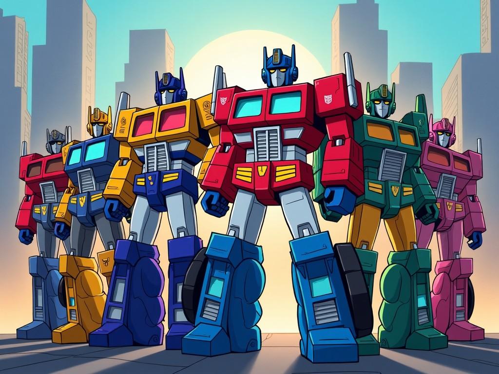 The image features a group of five colorful G1 Transformers Autobots standing heroically in a cityscape. Each Autobot is uniquely colored, showcasing their distinctive designs: red, blue, yellow, green, and pink. The background includes skyscrapers and a bright sky, creating a lively atmosphere. The Autobots are posed confidently, suggesting their readiness for action. This nostalgic representation evokes memories of the 80s Transformers cartoon series.