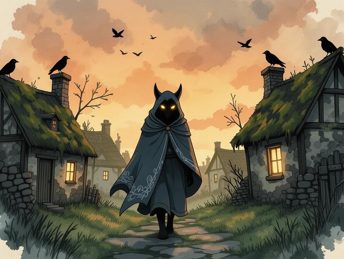 A gentle creature walks through an overgrown abandoned village. It wears a soft stitched cloak. The creature has glowing eyes filled with empathy. The cottages are crumbling, covered in moss and vines. A dusk sky presents dusty orange and grey tones. Crows watch from the rooftops. A lantern light flickers from the last window. The art is in a surreal storybook illustration style with ink splatters and watercolor stains on a parchment-like background, evoking a magical melancholy mood.