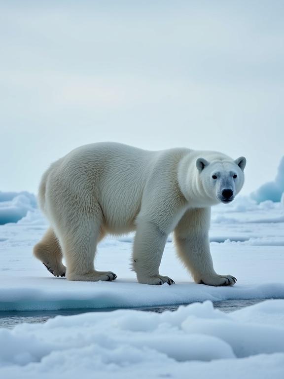 Depict a polar bear in the Arctic North Pole. Show the bear walking on icy terrain. Capture the cold and serene atmosphere of the Arctic. Highlight the white fur of the bear against the icy background.