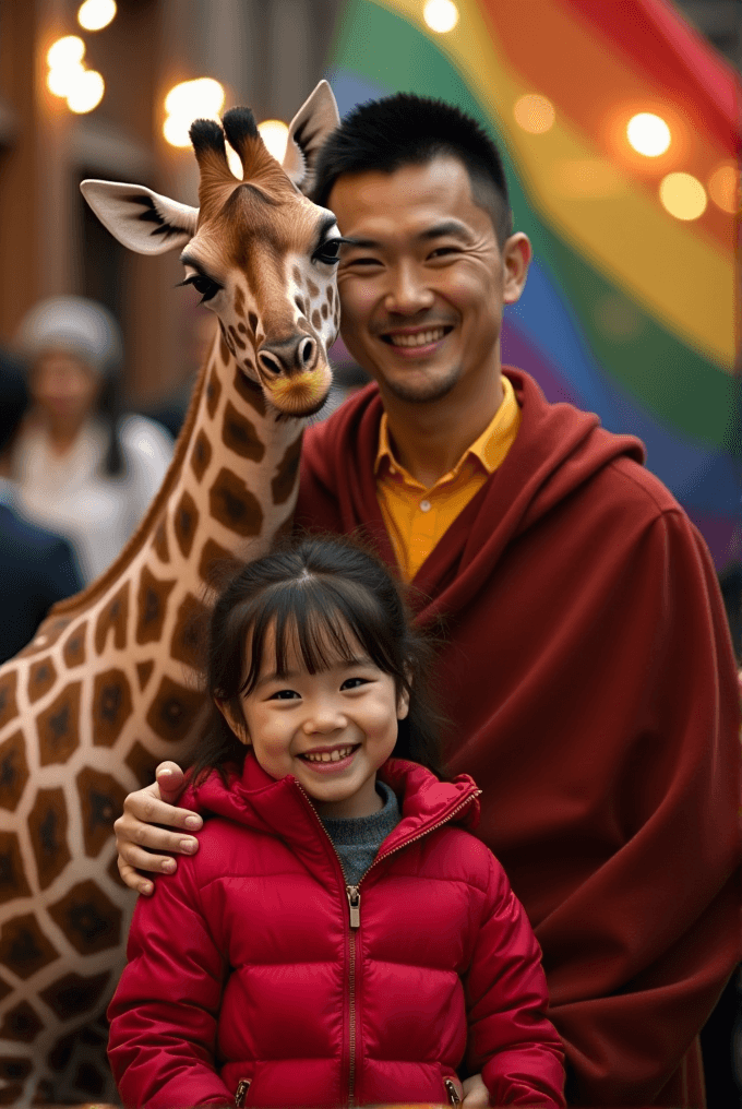 A smiling child and adult pose happily with a giraffe in front of a colorful background.