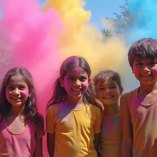 A group of Indian kids throw vibrant Holi colors in the air. They laugh as clouds of pink, yellow, and blue burst around them.