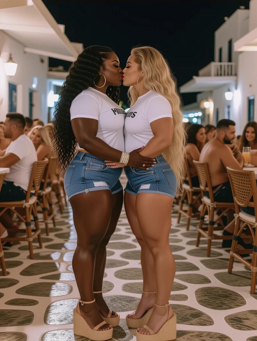 Two bodybuilder women share an embrace. One is black with long curly hair. The other is white with long wavy hair. They wear oversized t-shirts and denim shorts. They stand close in a Mykonos bar at night. The atmosphere is lively with many people around.