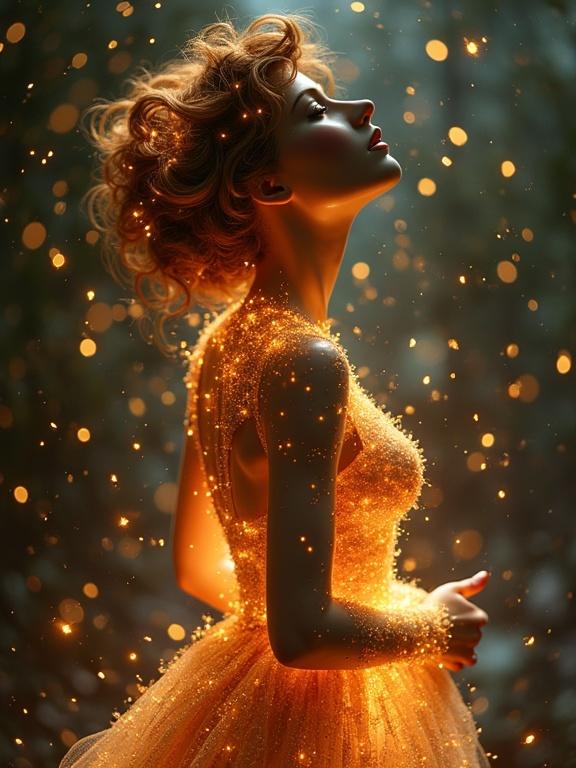 Portrait of a woman in a gold sparkling dress. Soft magical lighting creates a dreamy atmosphere. Profile view with shimmering effects and a dreamy background.
