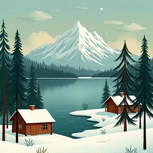 Boho Art featuring a serene lake with a majestic mountain in the background. A forest of pine trees encircles the setting. Wooden huts with snow on the ground complement the tranquil environment. This vintage-inspired piece presents a Mid-Century Modern aesthetic suitable for digital download and home decoration.