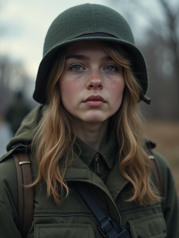 Photorealistic image of a young female soldier with blonde hair in Moscow during the Cold War. Bright natural lighting highlights her features. Deep depth of field emphasizes her presence.