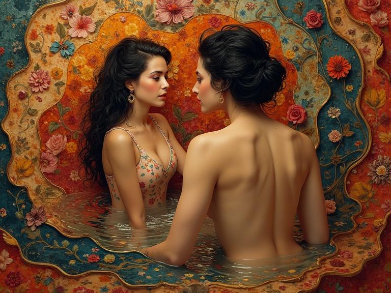 Two figures interact in a sauna-like setting. Warm colors and floral elements create an intricate background. The scene shows an artistic style reminiscent of Klimt, with surreal and geometric elements.