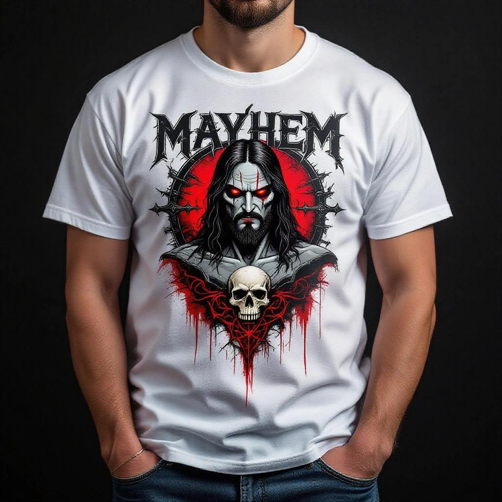Jesus wears a white T-shirt featuring the band Mayhem. The shirt has a striking graphic of a character with long hair, red eyes, and a skull.