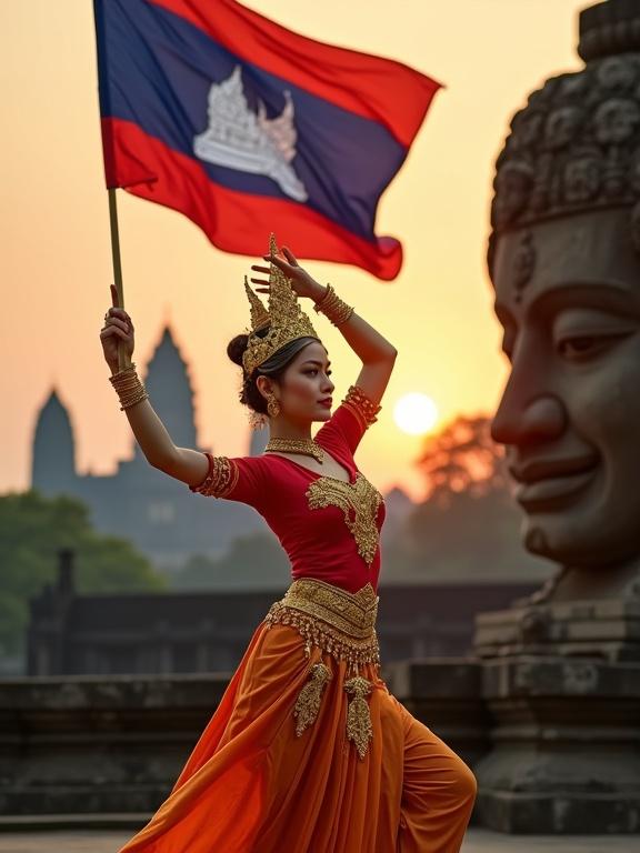Captivating image of a female dancer in traditional Apsara costume holding Cambodian flag in front of Angkor Wat at sunset. Rich in cultural and historical elements showcasing Cambodian heritage.