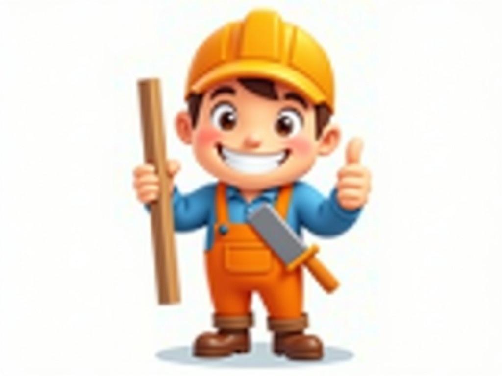 A cheerful cartoon carpenter is standing confidently with a big smile. He wears orange overalls with blue sleeves and a matching orange cap. In one hand, he holds a large piece of wood and in the other hand, he has a hand saw. A pencil is tucked behind his ear, showing his readiness to measure and plan. His thumbs-up gesture indicates he's ready to tackle any project. The background is simple, focusing all attention on this friendly, hardworking character.