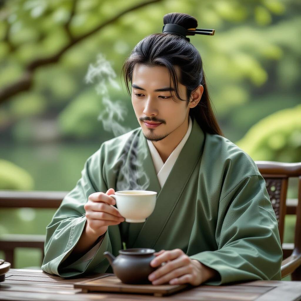 Closeup shot of a young scholar enjoying tea in nature. Tranquil setting with lush greenery in the background. A person wears traditional green apparel. Steam rises from a cup of tea held in hand.