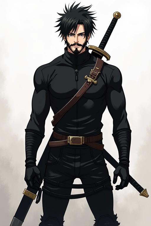 Anime style character design with black spiky hair. Muscular appearance in a tight black outfit. One sword covered at the back with a simple outfit. Features a complete beard and moustache, around age 19-20, with warrior aspects.