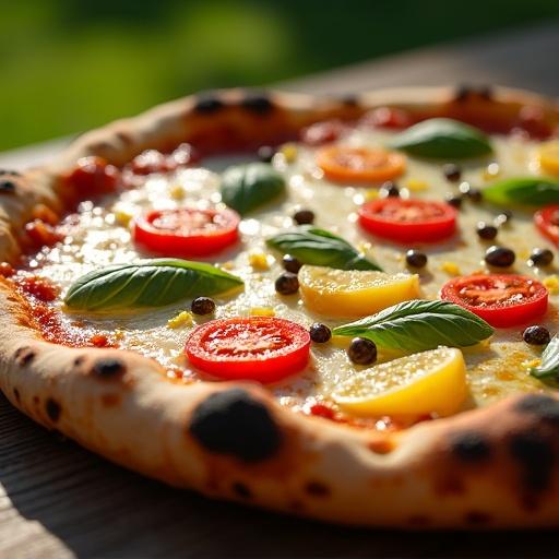 Close-up shot of freshly baked Neapolitan pizza on wooden surface. Pizza has puffy cornicione with charring. Toppings include halved red and yellow datterini tomatoes capers basil leaves lemon zest olive oil. Scene is outdoors with dappled sunlight.
