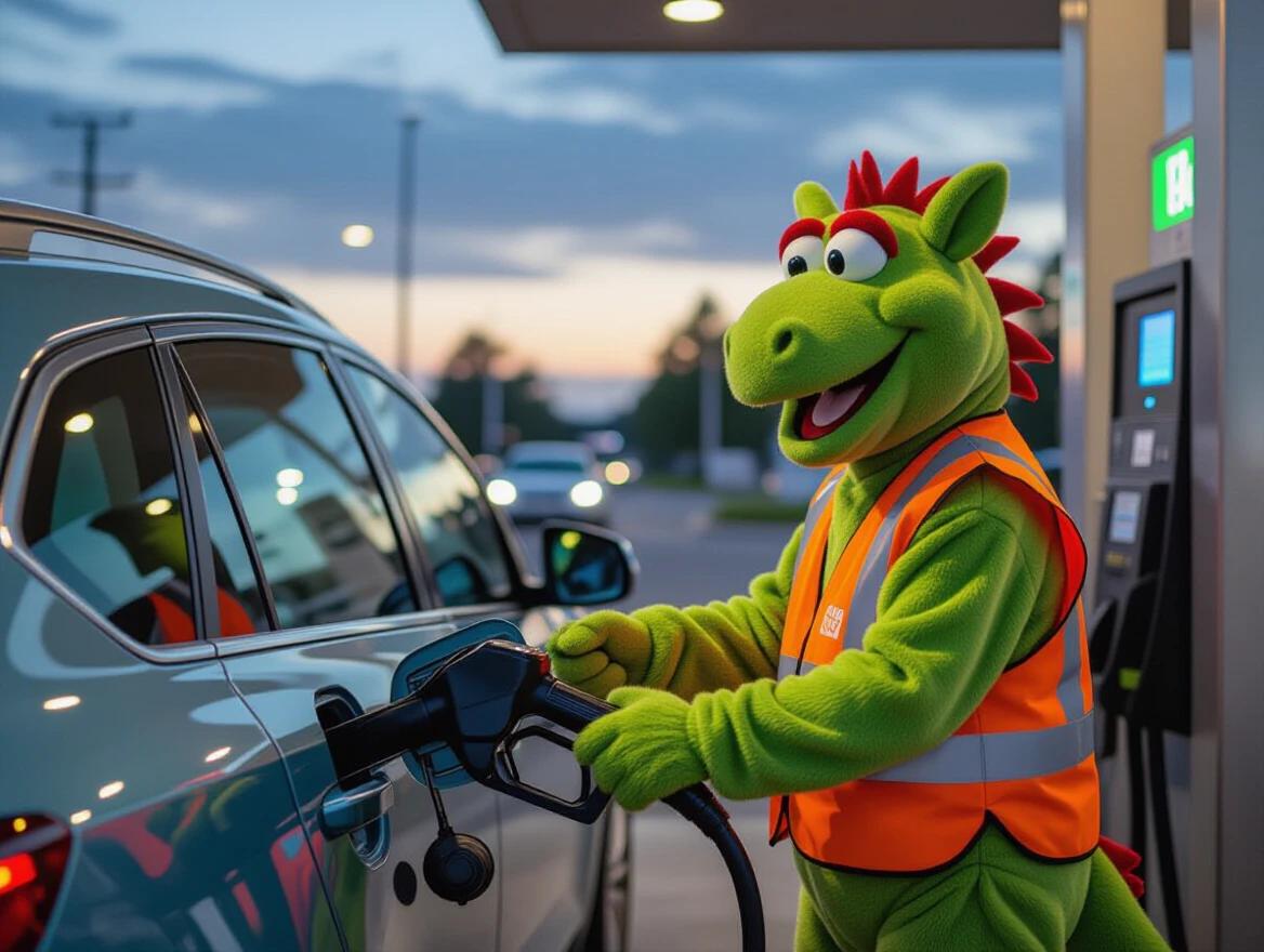 Mascot refueling a customer's vehicle at gas station during evening. Mascot wears orange vest. Soft lighting enhances the scene.