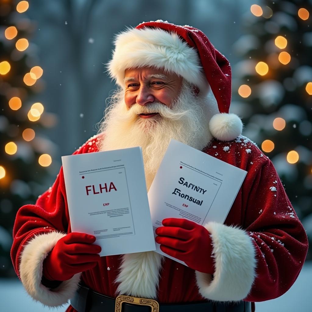 Santa holding safety and emergency papers. Festive and snowy environment. Christmas trees with lights in the background.