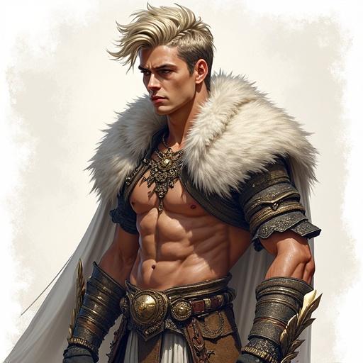 Color drawing of a young man with horns. Semigod, half man half beast with platinum hair. Wears fantasy clothing.