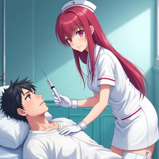 Anime hospital scene with a nurse tending to a patient. Nurse has a gentle smile and holds a syringe. She wears a clean white uniform. Her expression is caring yet slightly unsettling. The atmosphere feels intense due to her obsessive eyes. The background displays a hospital room. High-quality character design in anime art style. Posture shows elegance and devotion with hints of madness.