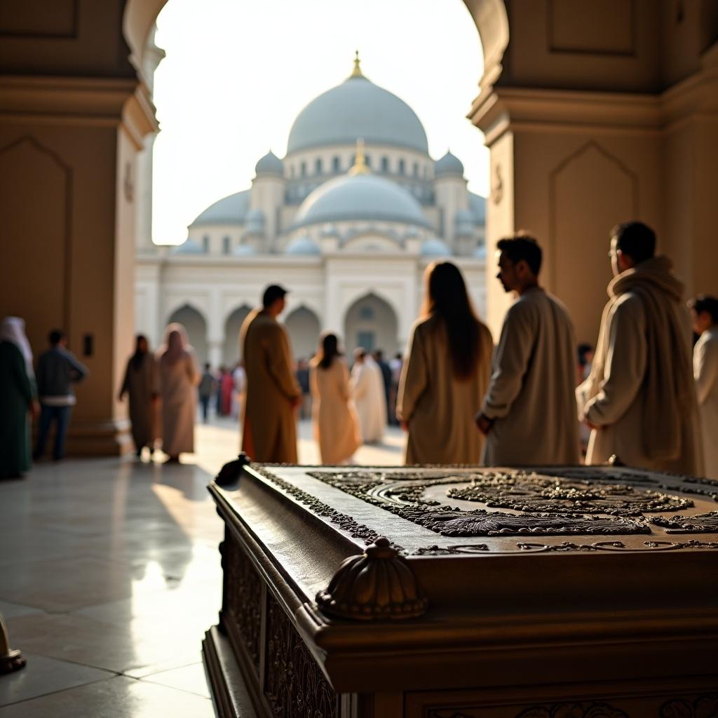 Mausoleum of a revered Sufi saint with visitors. Beautiful archways and dome in the background. People in traditional attire walking and observing the site.