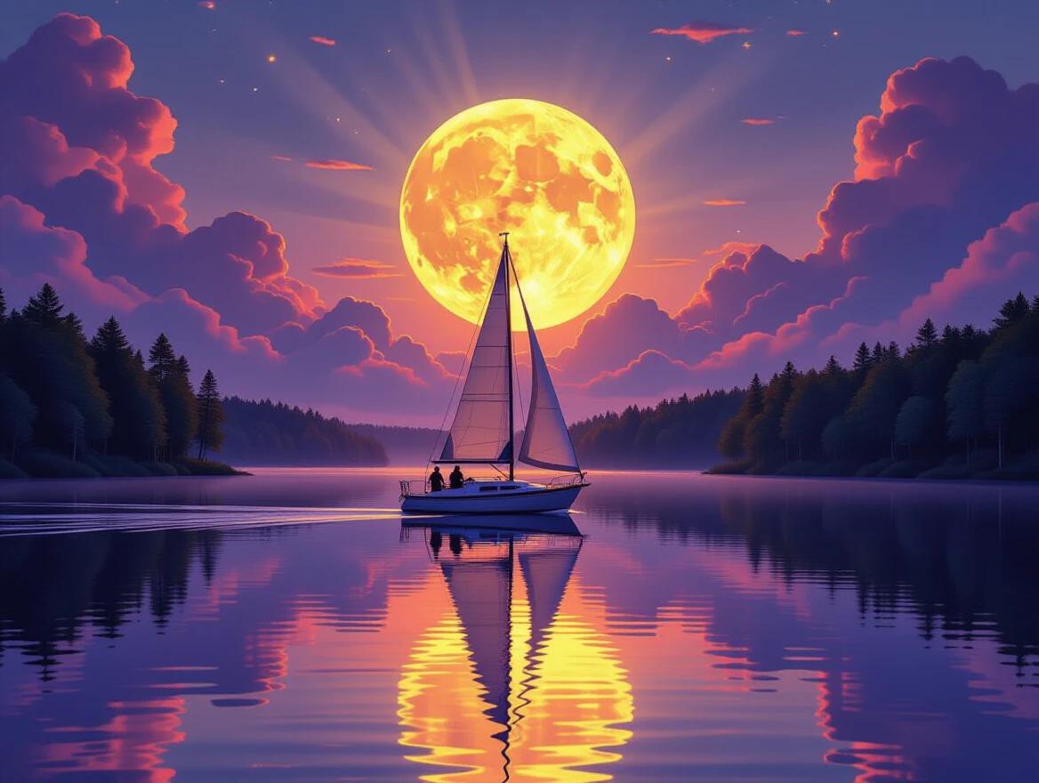 Fantasy scene of a sailboat with a crew on a still mirror-like lake. Full moon is rising behind golden-hour clouds. Glowing sky with soft amber and violet colors. Lush trees line the shoreline. Dramatic light beams are piercing through clouds. Surreal moonlit reflections on the water. Ethereal mist hovers above. Cinematic view showcasing the fantasy illustration style. Dreamlike atmosphere with ultra-detailed surroundings and rich color grading.