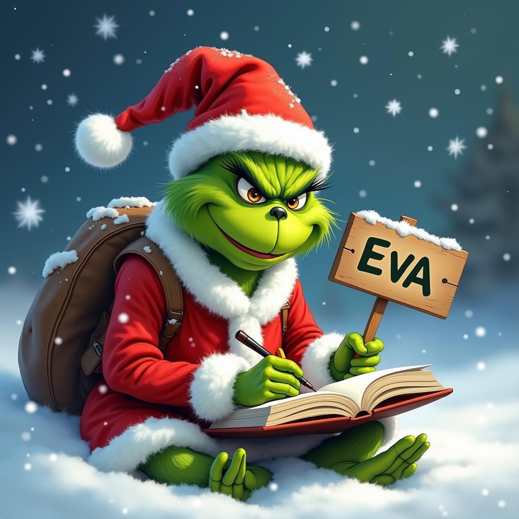 Image shows the Grinch in a Santa outfit. He sits in snow while writing in a book. Snowflakes fall creating a festive scene. Green fur contrasts with red outfit. He holds a sign that says Eva.