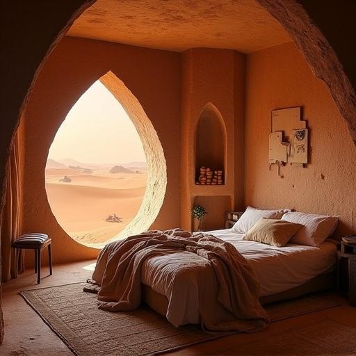 Cozy bedroom features an inviting bed with soft linens. Unique window shape frames a captivating desert view. Warm colors dominate the decor. Inviting atmosphere created by natural light. Modern aesthetic blends with a sci-fi theme.