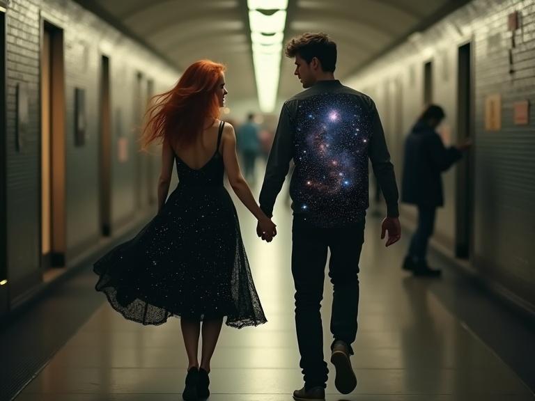 A nostalgic image of a dim subway tunnel. A woman with red hair spins in a black lace dress while holding hands with a man whose body is a silhouette filled with stars. Their body language is natural. The framing is slightly off-center with background pedestrians and soft lighting. The scene has a dreamlike quality, enhanced by muted colors and motion blur.