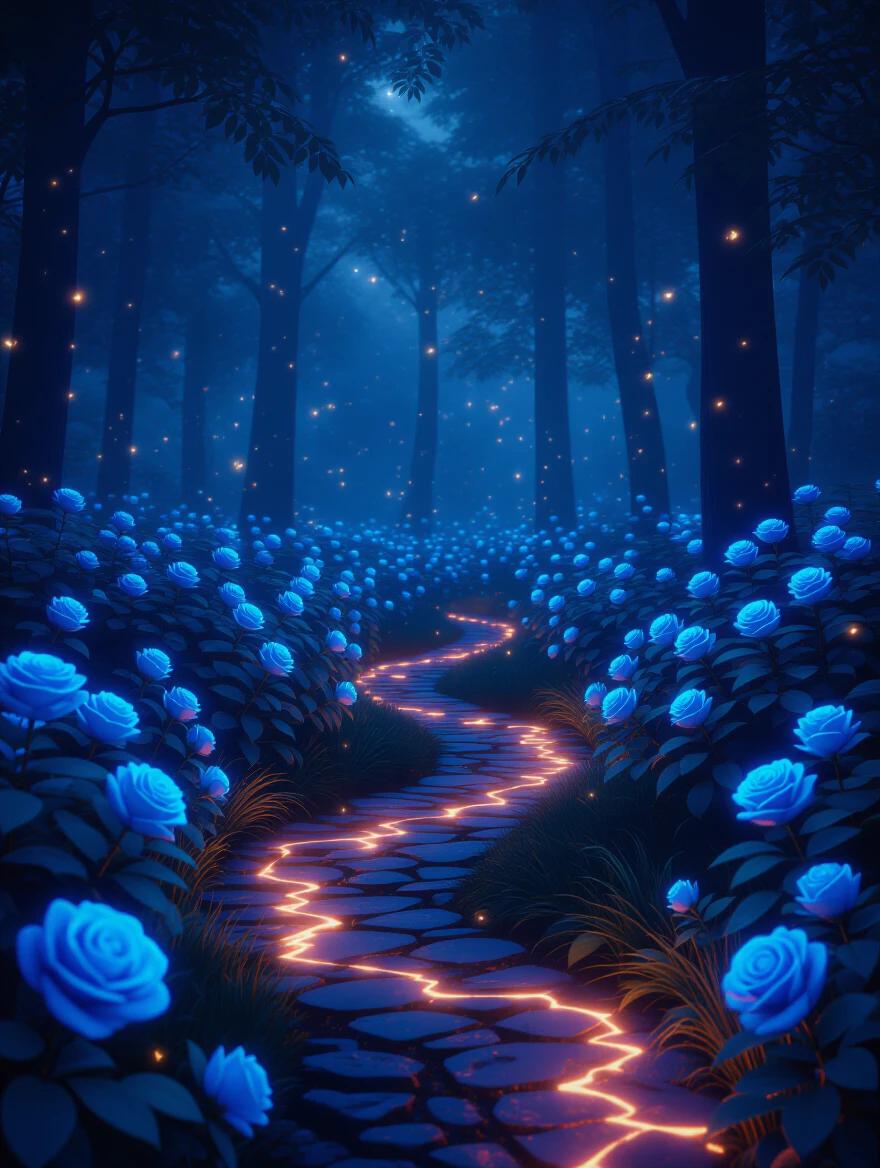 8k ultra HD CG rendering of a luminous rose forest at night. Blue roses glow gently along a winding path illuminated by crystalline lava light effects. Fireflies drift through an ethereal light fog creating a magical atmosphere in a surreal fantasy environment.