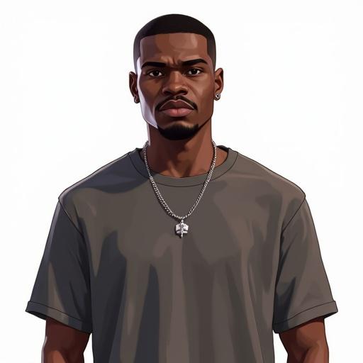 Black male character in a neutral stance. Full body view with no accessories. Solid gray t-shirt with no designs. Digital illustration in Grand Theft Auto style.
