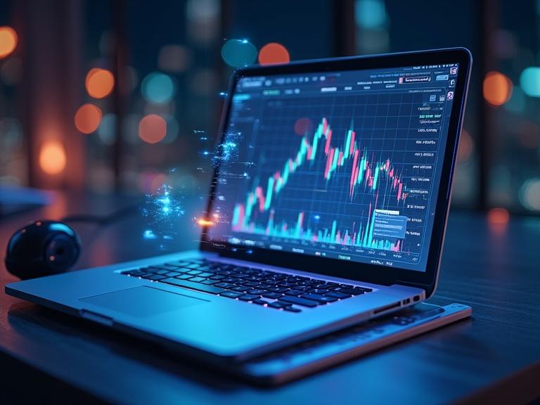 Futuristic financial app on a holographic laptop. Glowing background with stock charts. Represents mobile banking and investment. Sleek design with atmospheric glow.