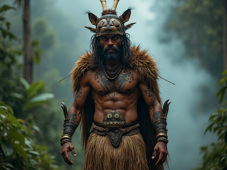 A strong male Maya warrior dancer embodying the jaguar spirit. Body painted with jaguar spots and dark patterns. Wearing jaguar-fur cape, natural fiber skirt, wide belt, leather straps. Headdress made of bone, jaguar ears, feathers. Intense expression, predatory eyes. Low powerful stance in a Maya jungle at dusk, surrounded by mist and sacred smoke.