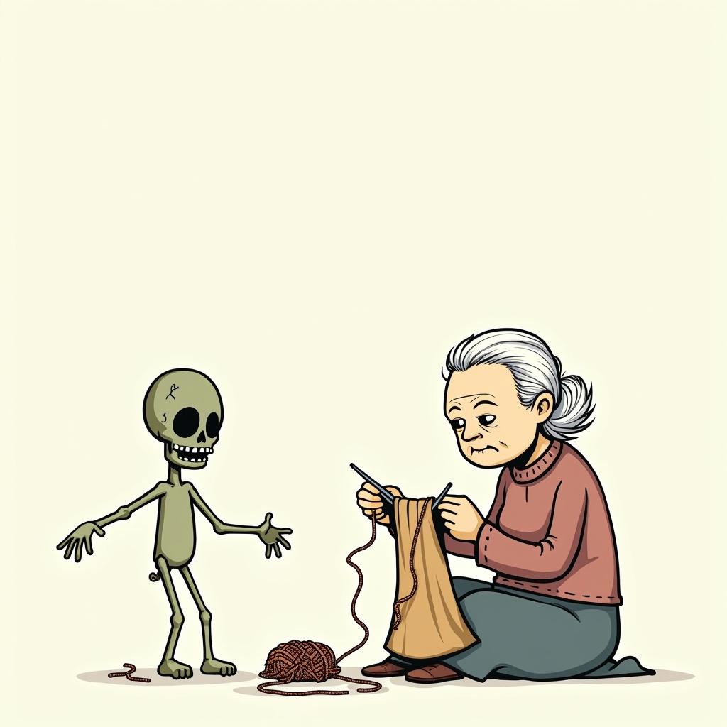 This image features a whimsical stick figure scene. An old lady in a skirt is knitting with oversized needles. She is positioned at the bottom right corner of the image. In the distance, there is a zombie stick figure with outstretched arms, adding a fun twist to the scene. The design is simple and rough, creating a lighthearted atmosphere. A squiggly yarn is laid out on the ground. The overall art style is cartoonish and playful, suitable for various fun contexts.