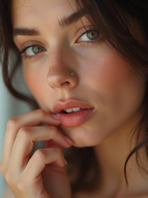 Close-up portrait of a beautiful woman with soft features. Eyes capturing attention, lips slightly bitten. Natural and soft aesthetic highlighted. Pixelated yet high resolution almost 4k. Captures early Instagram filter vibes with warmth and color saturation.
