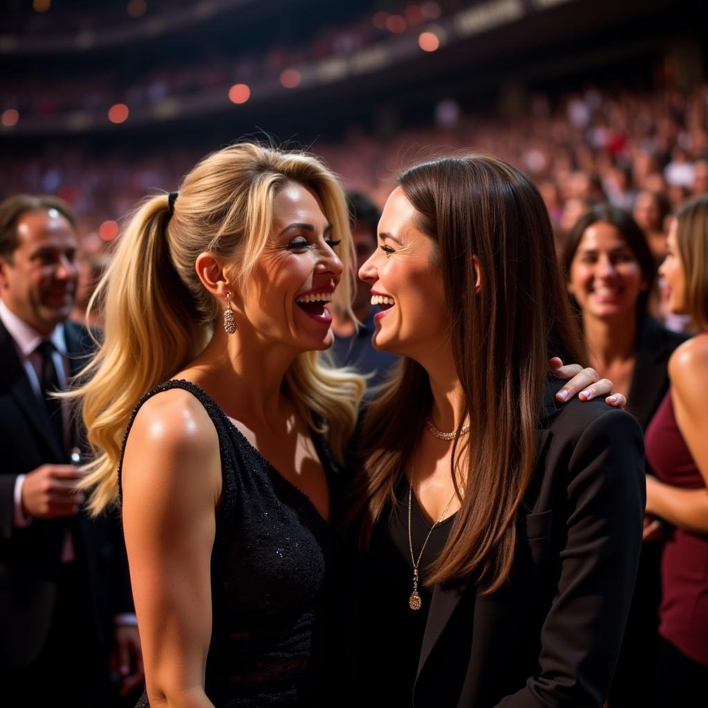 Group of people at a live event. Close-up of two women in conversation. One has long hair and the other has wavy hair. Soft lighting enhances the atmosphere.