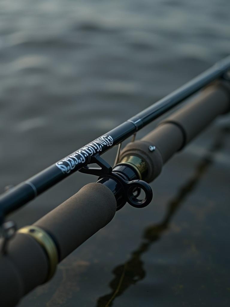 Image features a close-up of a jigging rod with SSFISHING SG logo. The rod is partially submerged in water. The design highlights the rod's components and quality. Lighting enhances the dark metallic colors and textures from the water surface.