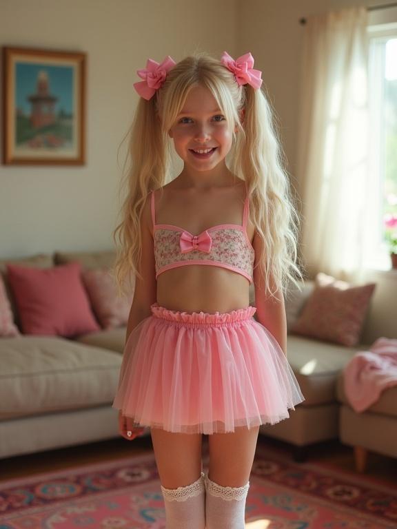 Young girl with long blonde hair in twin tails and pink bows. Smiling and standing in a living room. Wearing a pink crop top and a tiny pleated micro skirt. Thigh-high socks with lace detail. Colorful birthday decor in the background.