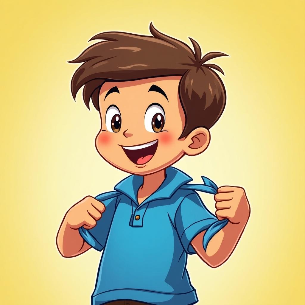 Cartoon illustration of a cheerful boy. He smiles broadly. He wears a blue polo shirt. He unbuttons his shirt. The background is yellow. The character has spiky brown hair.