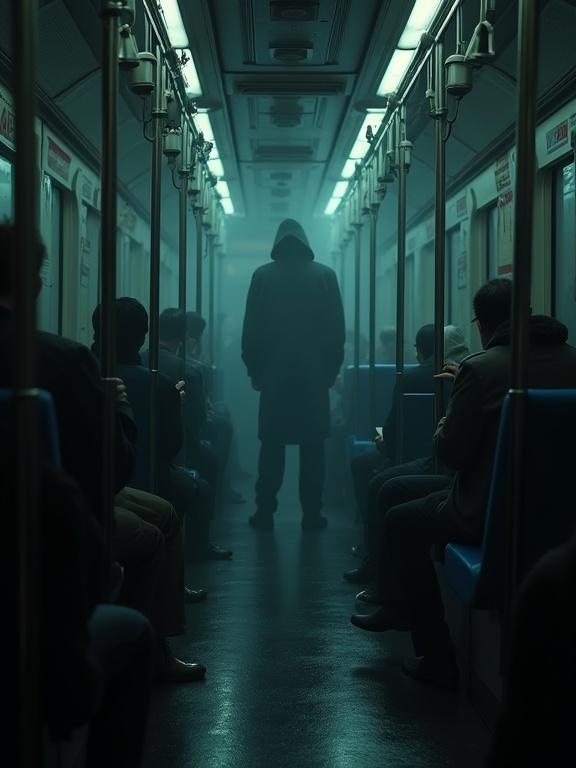 A shadowy figure resembling a monster ticket checker stands in a deserted subway train car. The atmosphere is dark and eerie. Fog spreads throughout the train. Passengers sit quietly in fear. The image captures the length of the train aisle.