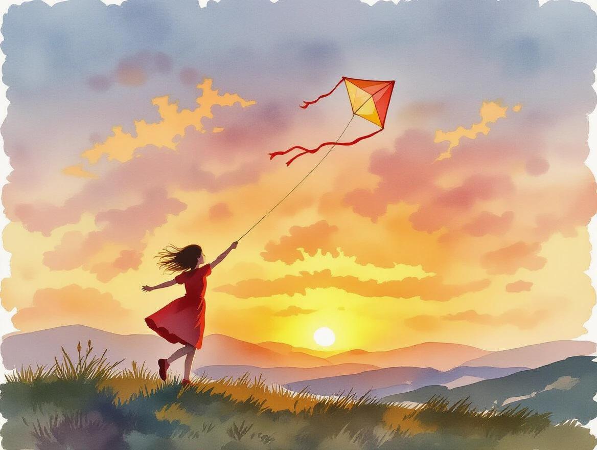 Watercolor painting depicts a girl with a kite on a hill during sunset. She wears a red dress. Wind blows through her hair. Sunset sky filled with colors.
