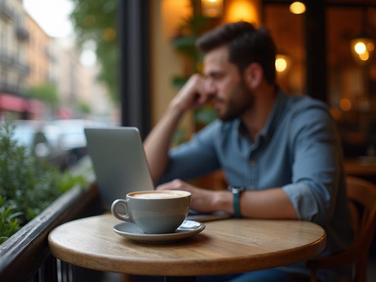 A cafe in Barcelona with outdoor seating. On the table is a steaming cappuccino and a man working on a laptop. The camera angle is frontal from above the table.