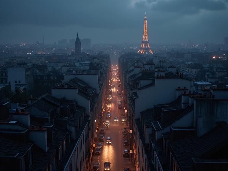 Aerial view of Montmartre district in Paris at night with rain. Displayed street lights and wet roads. Captured in a nostalgic 1998 ambiance. Unreal Engine 5.6 rendering style.