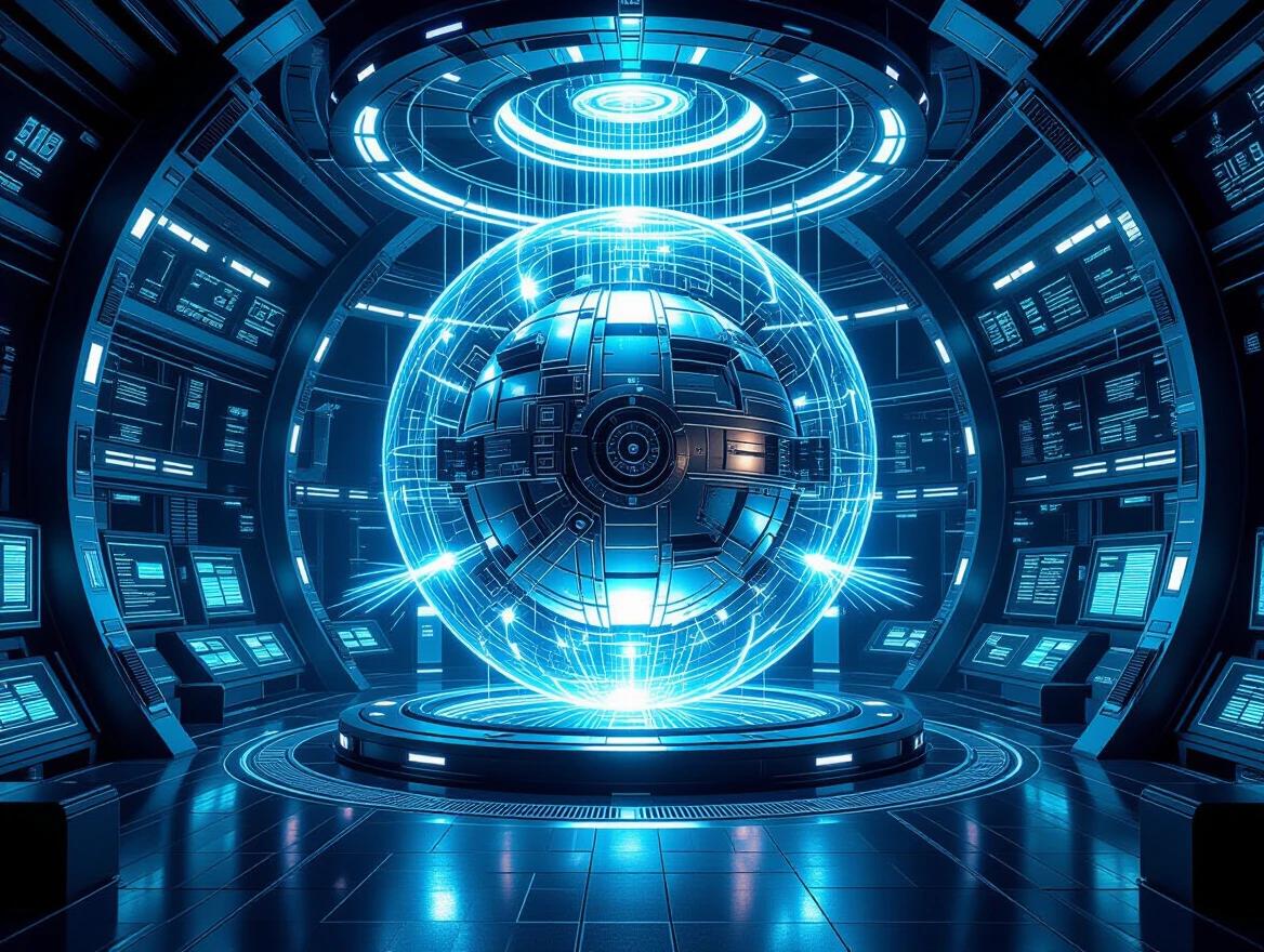 Futuristic sci-fi nuclear reactor core in a high-tech underground facility. Massive sphere suspended in the center of the chamber. Surrounded by advanced machinery and coolant pipes. Energy conduits emitting light. Streams of charged particles flow through magnetic containment fields. Holographic panels display real-time data. Metallic surfaces with circuitry patterns on the walls. Ambient lighting in shades of cyan and electric blue. Ultra-detailed 8K resolution.