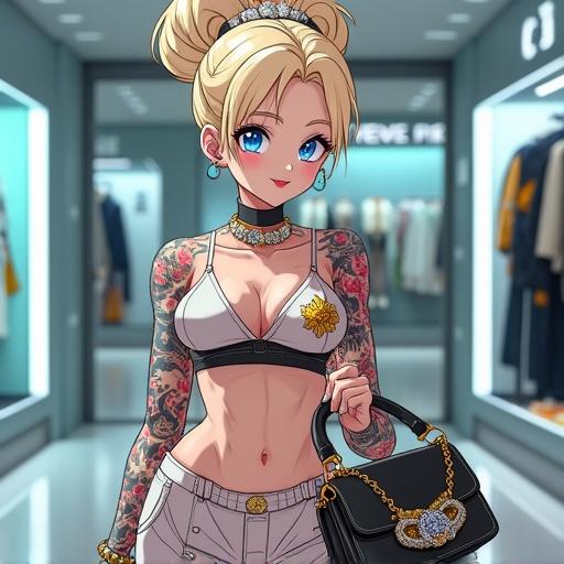Anime character in a luxurious Dior store. Woman with blonde high bun and blue eyes. Wearing modern Dior streetwear. Showcasing colorful tattoos. Carrying a Dior handbag. Bright modern lighting. Stylish and edgy appearance.