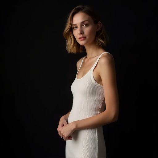 Photograph of a young woman with relaxed posture in dimly lit indoor space. Simple composition with dark background. Soft natural light highlights her features. Light-colored attire contrasts with the background.