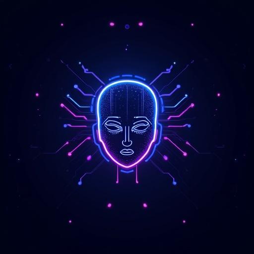 Futuristic AI logo features a minimalistic design. Circuits create a face outline. Edges glow in blue and purple. The logo floats over a dark tech-inspired background. The look is energetic and modern.