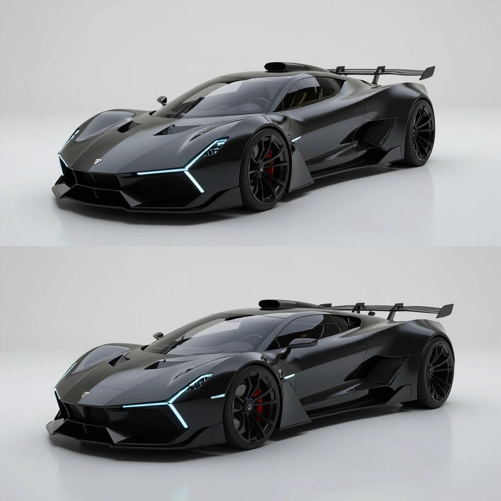 A parked angular dragster car with dual black tones. The design is futuristic and resembles a funny car. The photo shows deep grooves and draws inspiration from Lamborghini and Bugatti.