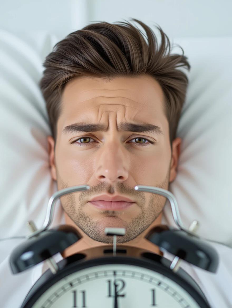 A man wakes up to a blaring alarm clock at 5:00 AM. Eyes heavy, face shows a blank expression. Alarm clock is in focus, close to the man. Neutral tones dominate the scene.