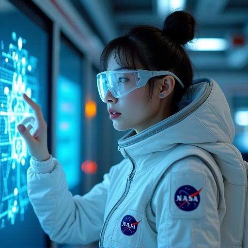 Hyper-realistic photo of a female aerospace scientist in a futuristic lab. She is wearing a NASA space suit and AR glasses. Analyzing a holographic data screen with a 3D molecular diagram. Confused expression with her hand hovering mid-air. Bright control panels and floating equipment in the background. Uses interstellar-style light effects, detailed 4K resolution, and depth of field.