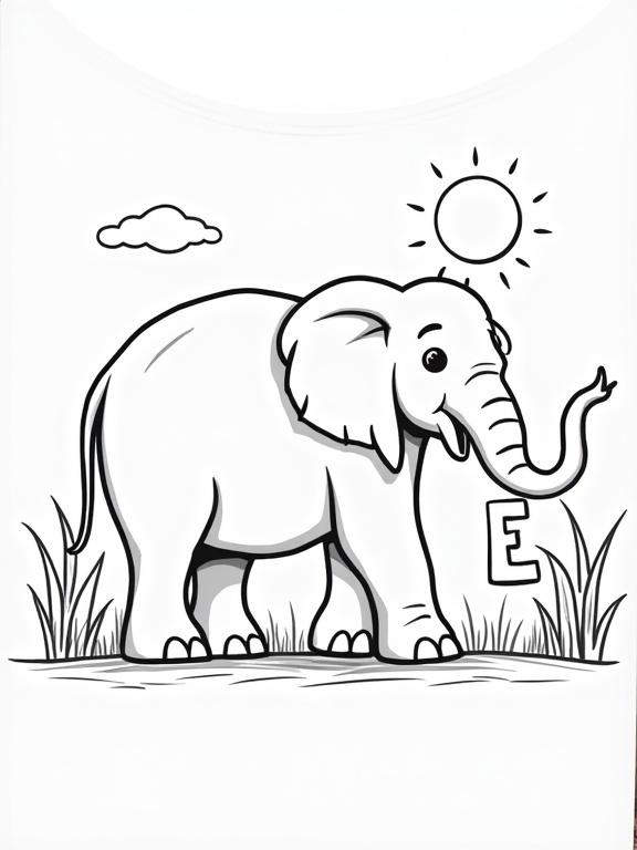 A drawing featuring a cartoon elephant next to the letter 'E' for a coloring page. The elephant is smiling and is almost as tall as 'E'. Include grass, a sun, and clouds in a simple savanna background.