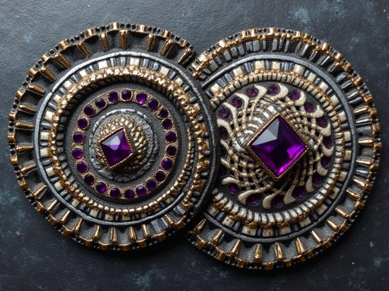 Close-up photograph showcases an antique piece with two spiraling patterns. Dark grey metallic background enhances intricate details. Spirals expand clockwise from a central point with concentric rings. Small squares vary in size, in dark grey and blackened silver, accented with warm-toned gold. Purple and clear gemstones form larger diamond-shaped elements. Radial symmetry with overlapping shapes creates a multi-layered look. Soft focus background complements sharp focus on intricate design.