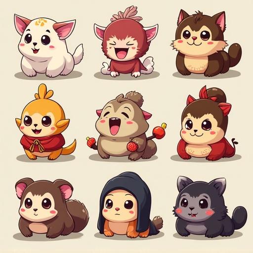 A collection of cute, cartoon-like animals with different features and expressions in a grid layout. Each animal has a distinctive appearance and personality, showcasing a fun and whimsical style.